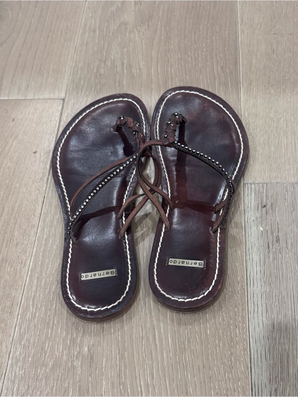 Bernardo Brown Leather Beaded T-Strap Sandals